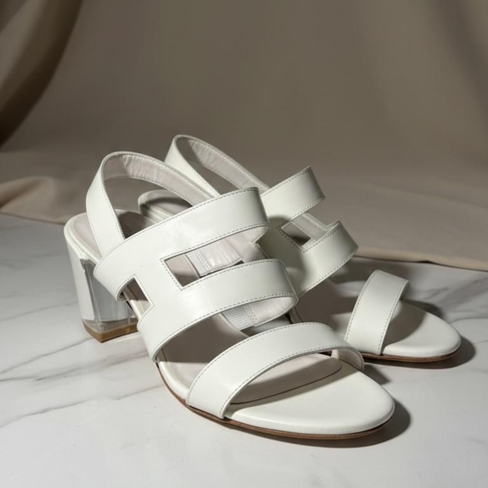 Stuart Weitzman White Multi-Strap Block Heel Sandals